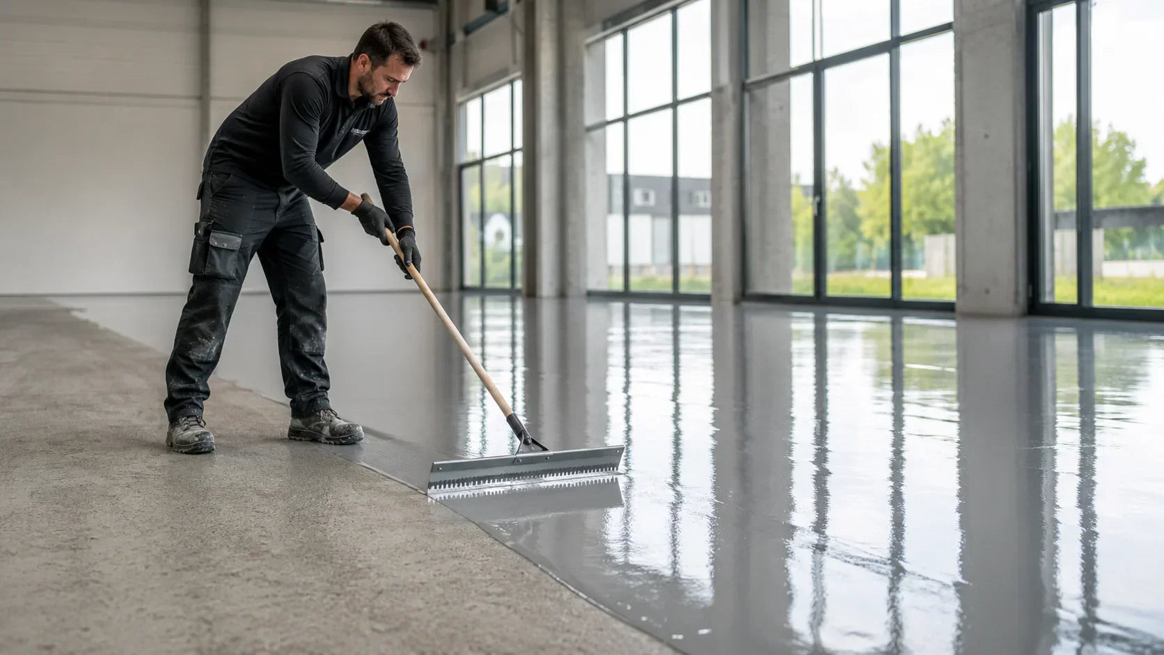 Handwerker trägt eine glänzende graue Epoxidharz-Bodenbeschichtung in einer hellen Industriehalle auf