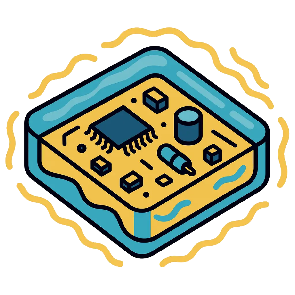 Illustration einer elektrischen Platine, die durch Elektrovergussmasse vor Vibrationen und Erschütterungen geschützt wird.